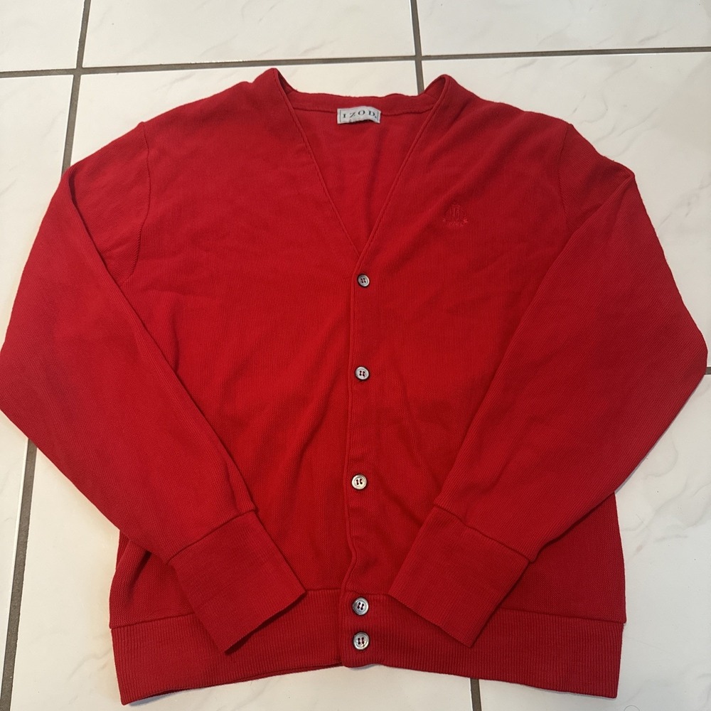 VTG IZOD Cardigan Sweater Mens Red  Button 21.5x26 Grandpa Made USA 80s EUC